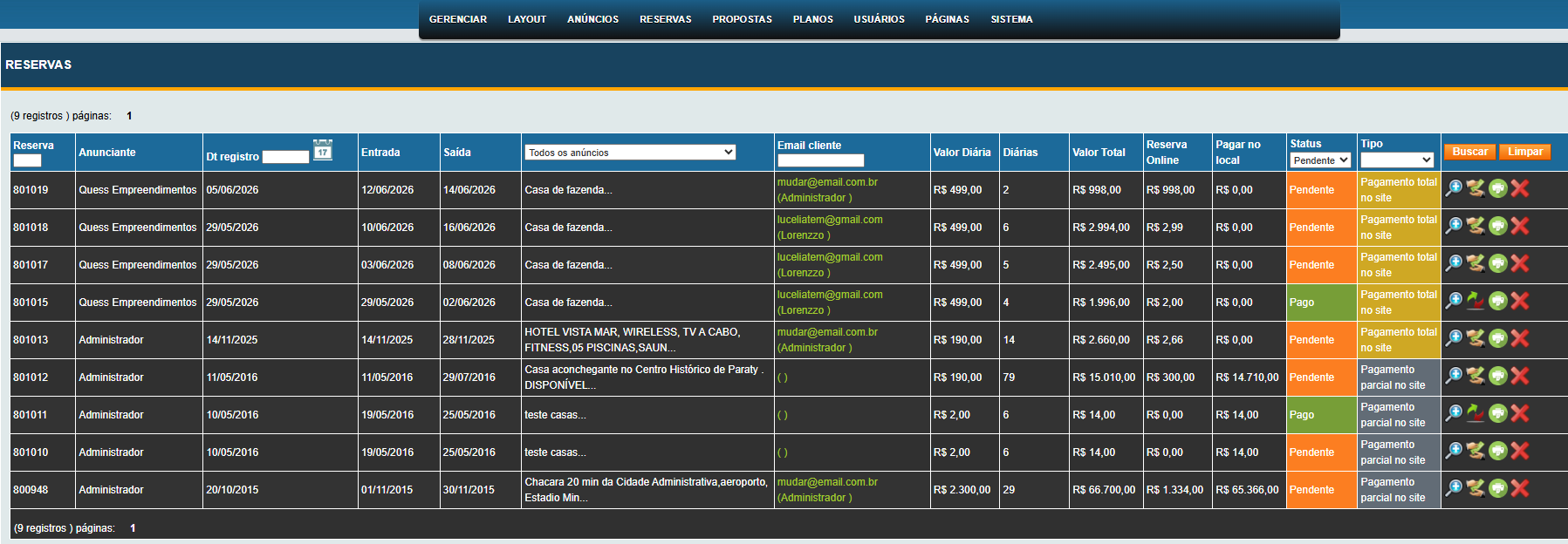 Painel administrativo do Vtrip com gerenciamento de reservas
