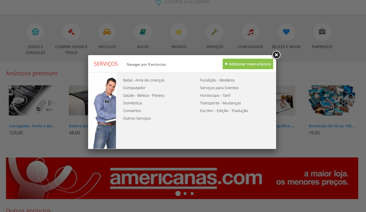 Categorias e subcategorias de serviços no sistema GuiaCity