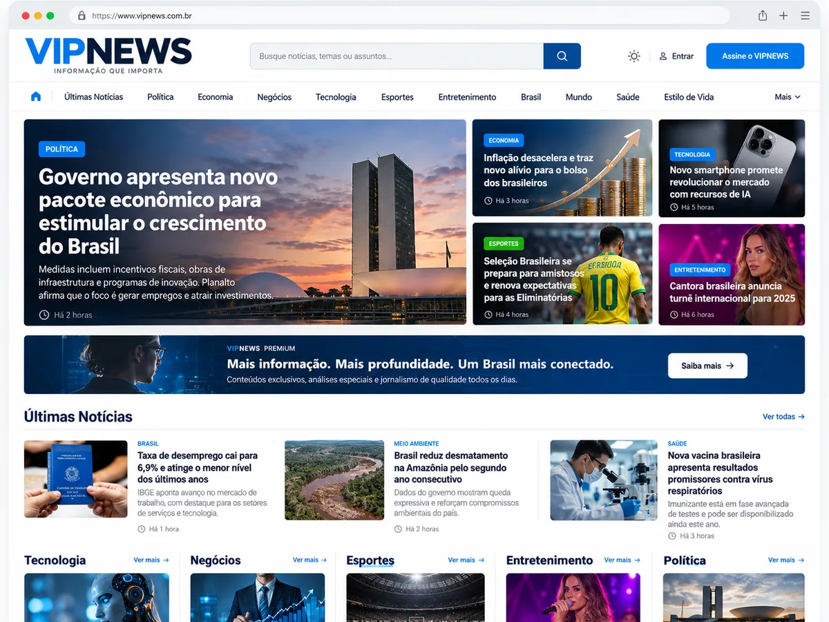 Exemplo de portal de notícias profissional criado com o VipNews em versão desktop