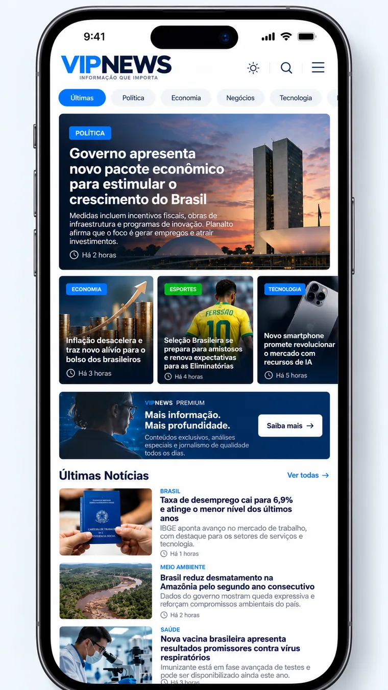 Portal de notícias VipNews responsivo exibido em smartphone