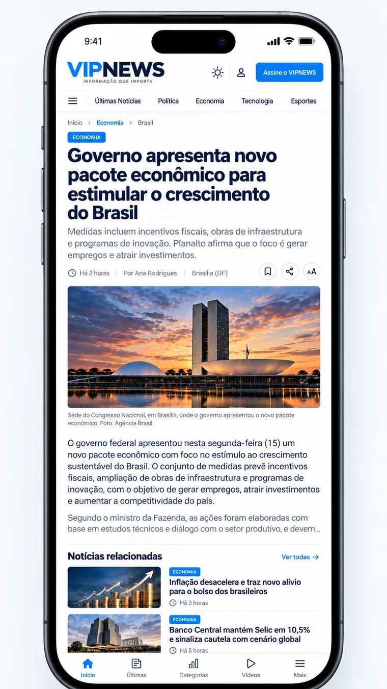 Página de notícia do VipNews em layout responsivo para celular