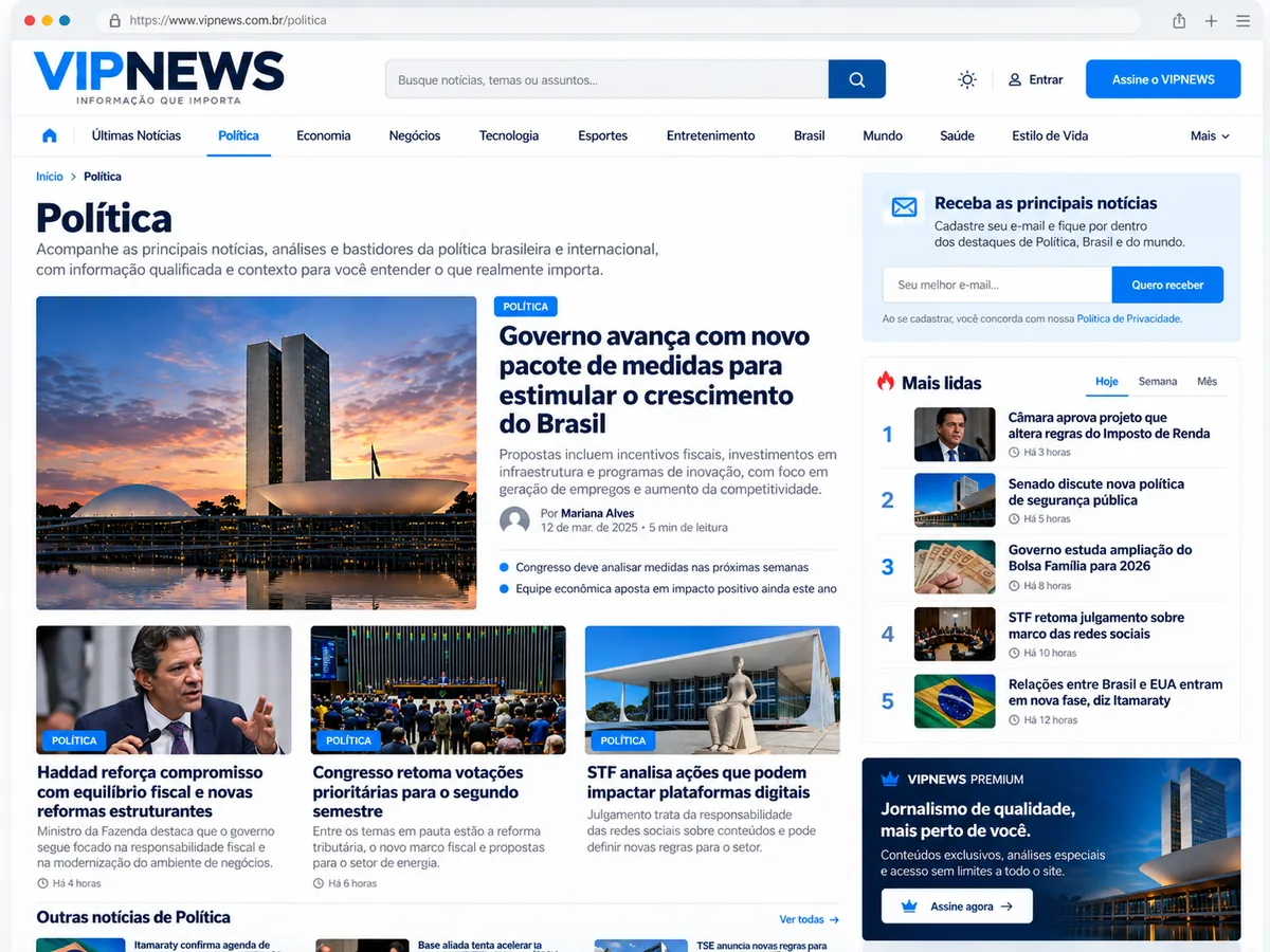 Página de categoria de um site de notícias profissional VipNews em desktop