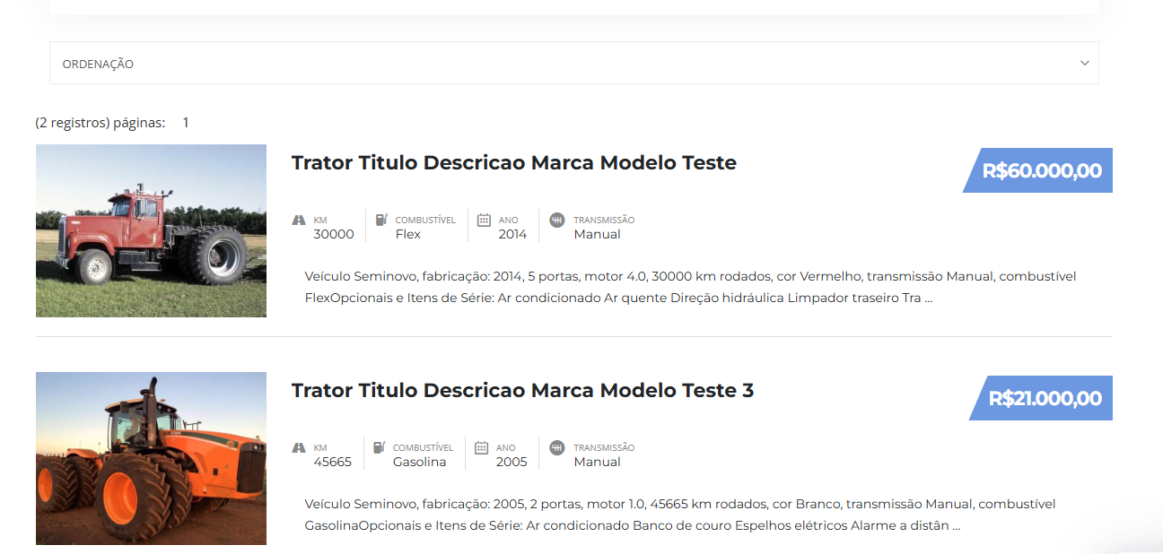 Listagem de anúncios de tratores e máquinas no AutoTruck