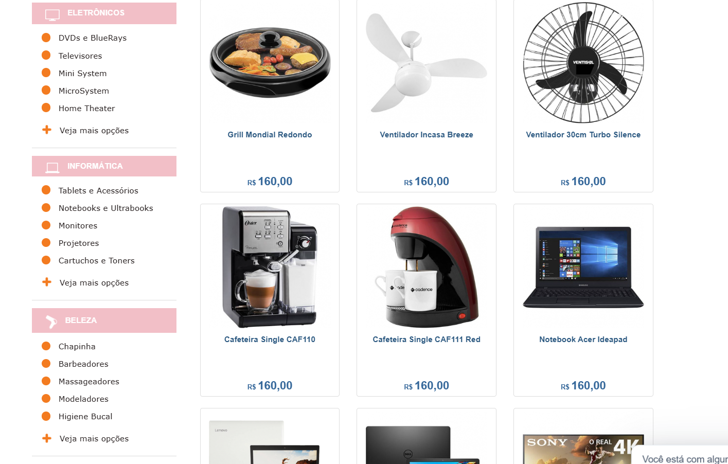 Lista de produtos de uma vitrine virtual