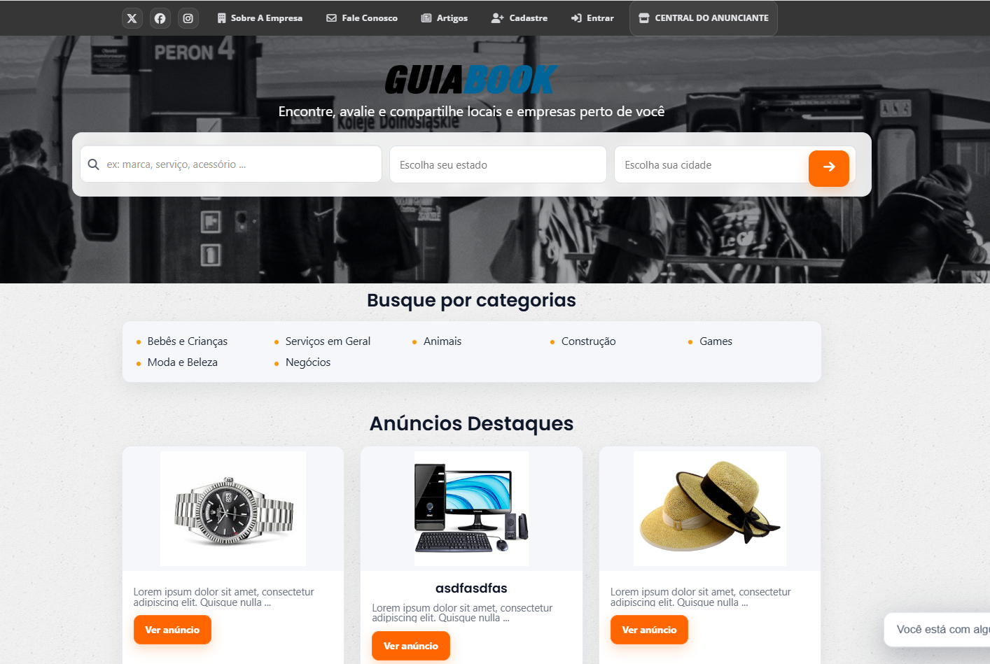 Página inicial do GuiaBook com busca, categorias e anúncios em destaque