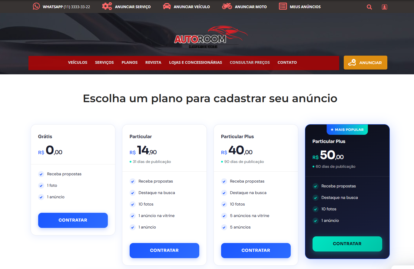 Planos para anunciantes no site de veículos Autoroom