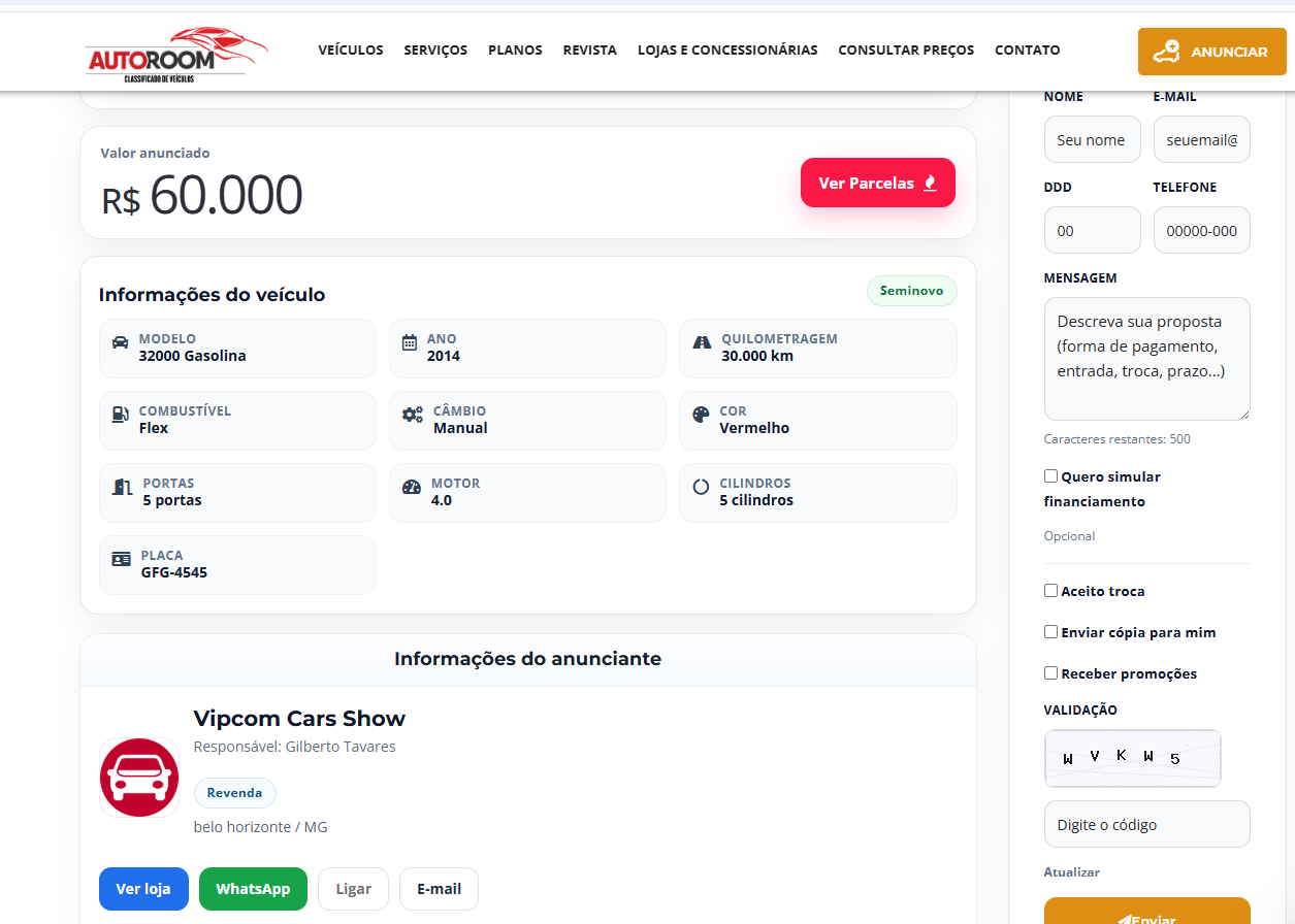 Página de detalhe de anúncio de veículo no Autoroom