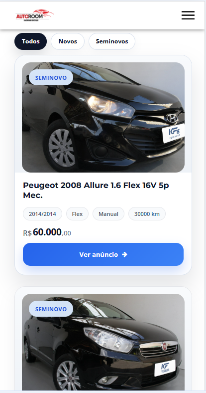 Listagem de veículos do portal Autoroom