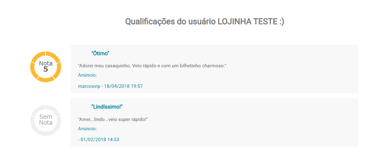 Avaliações e qualificações de lojista no Vipexpress Live