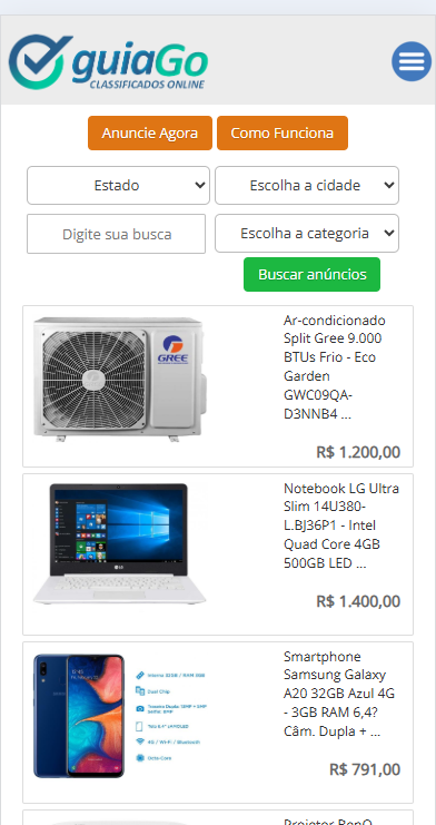 Listagem de anúncios do Guia Go em celular