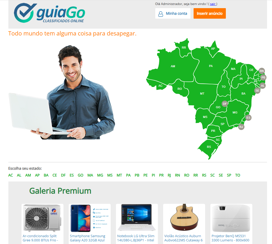 Página inicial do Guia Go com categorias e anúncios