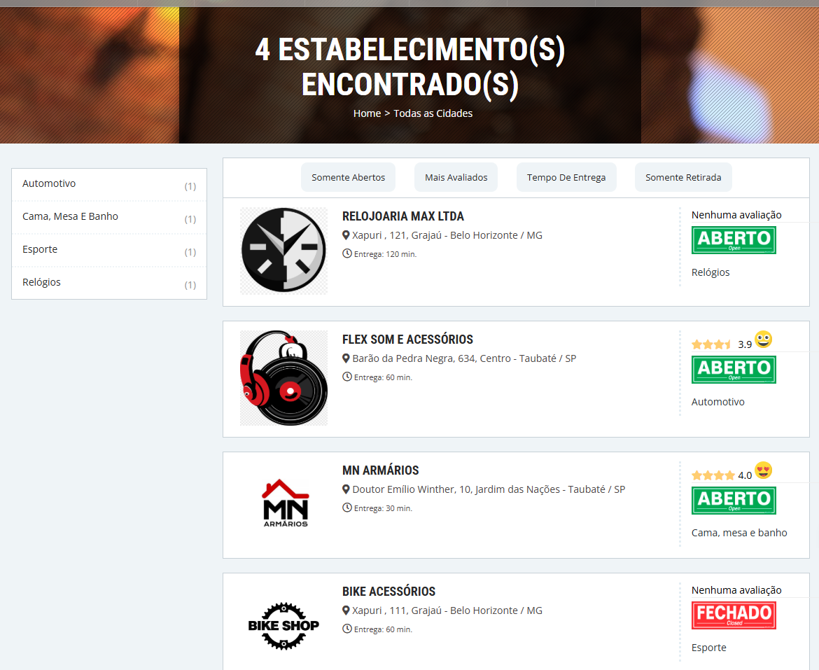 Lojas e estabelecimentos cadastrados no marketplace Bigplace