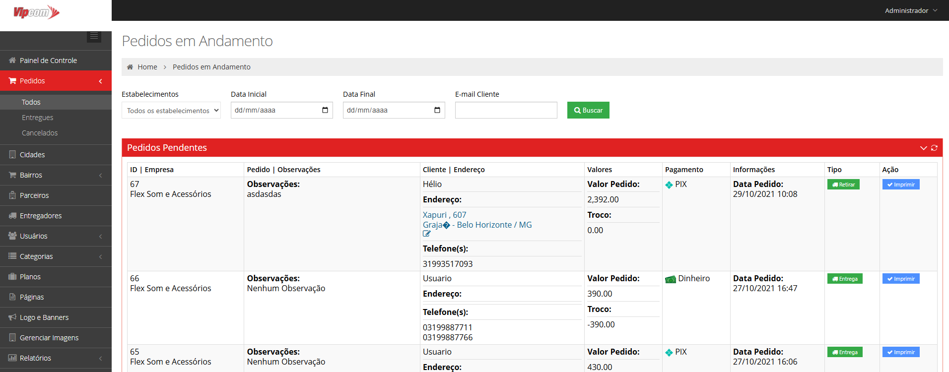 Gerenciamento de pedidos do marketplace Bigplace