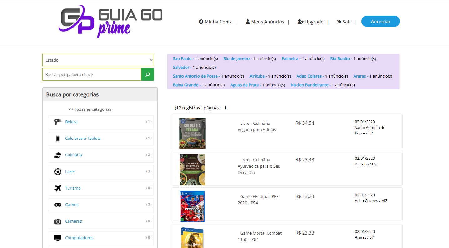 Busca e listagem de anúncios no sistema Guia Prime