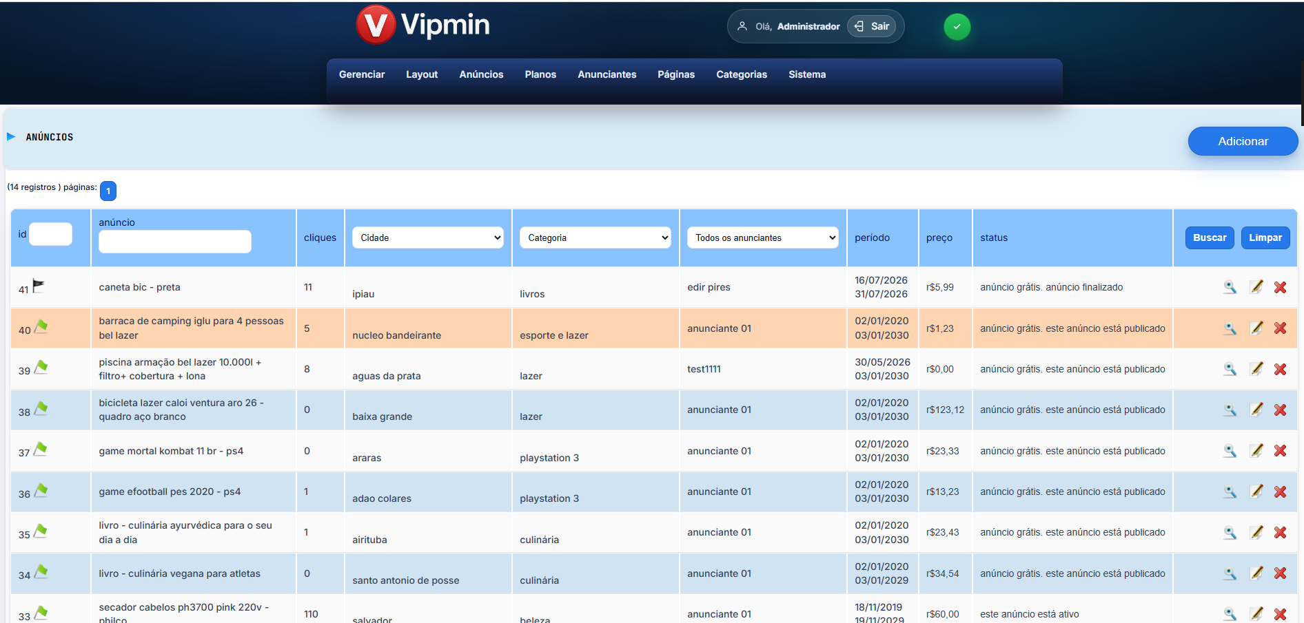 Painel administrativo Vipmin do sistema Guia Prime