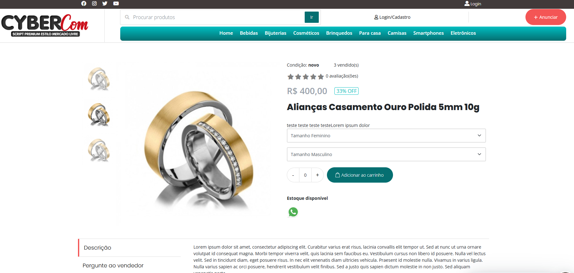Página de vendedor e produtos no marketplace Cybercom