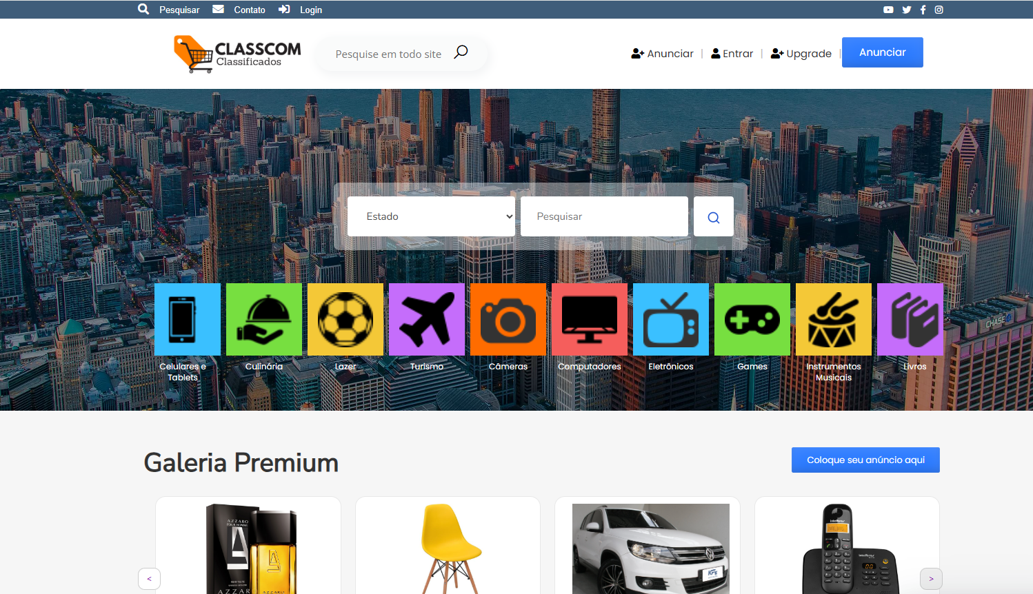 Página inicial do ClassCom com classificados, categorias e anúncios