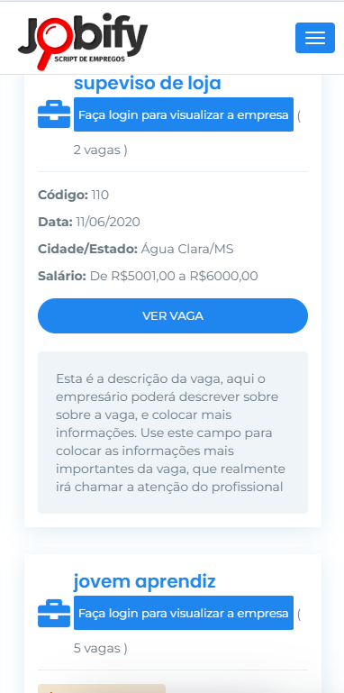 Listagem de vagas de emprego no sistema Jobify