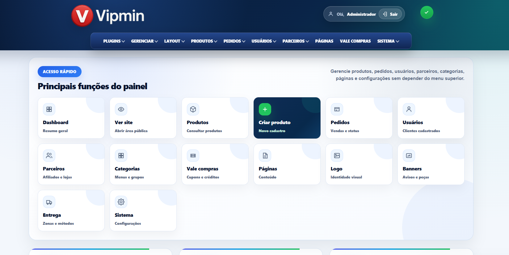 Painel administrativo Vipmin da loja virtual Webstore