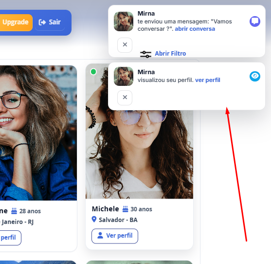 Notificações de interações no sistema de encontros Ravena PRO