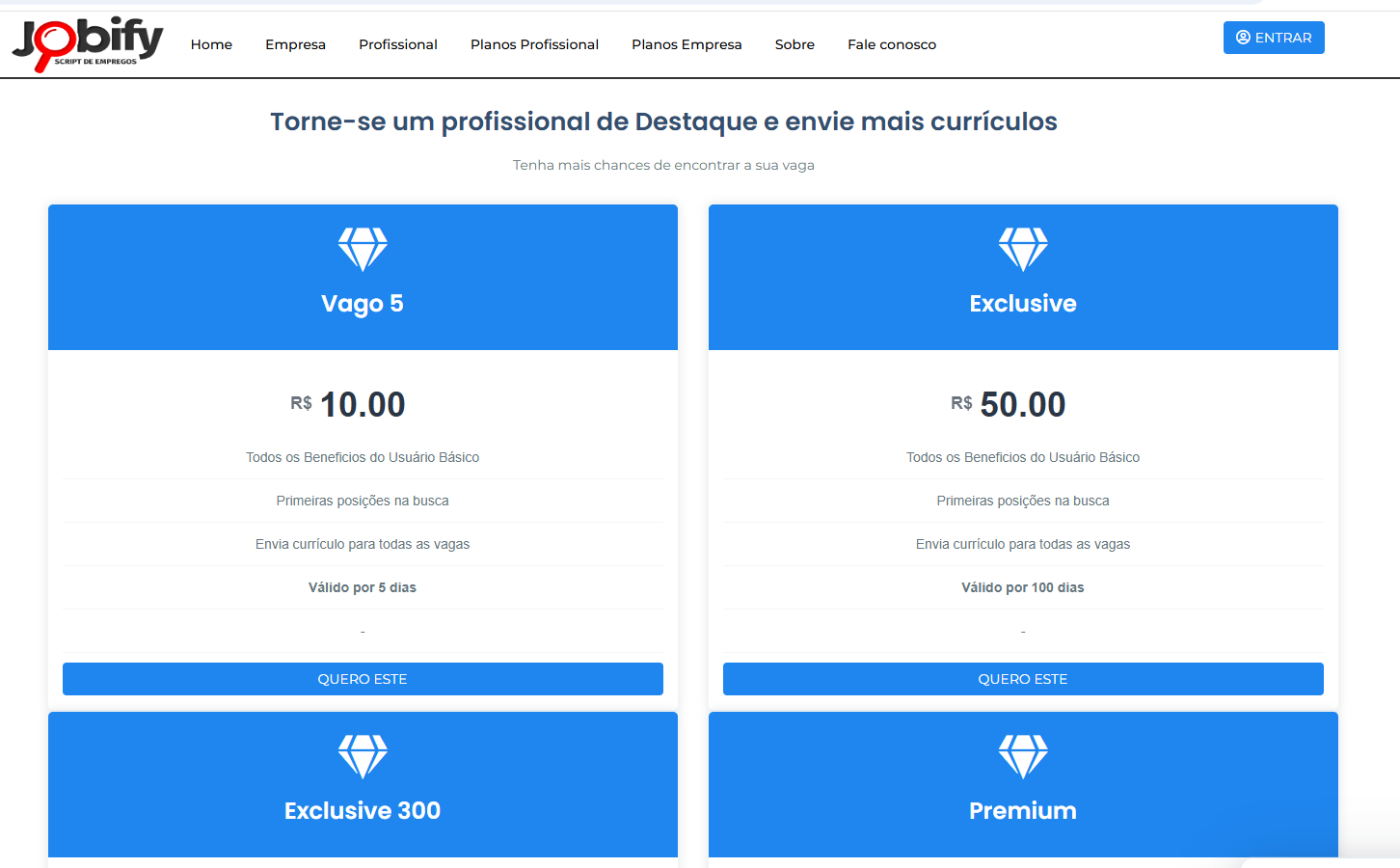 Planos para profissionais no portal de empregos Jobify