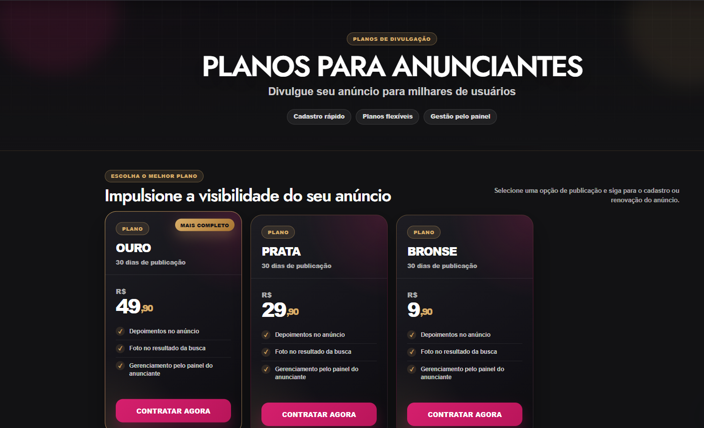 Planos para anunciantes no sistema Safira