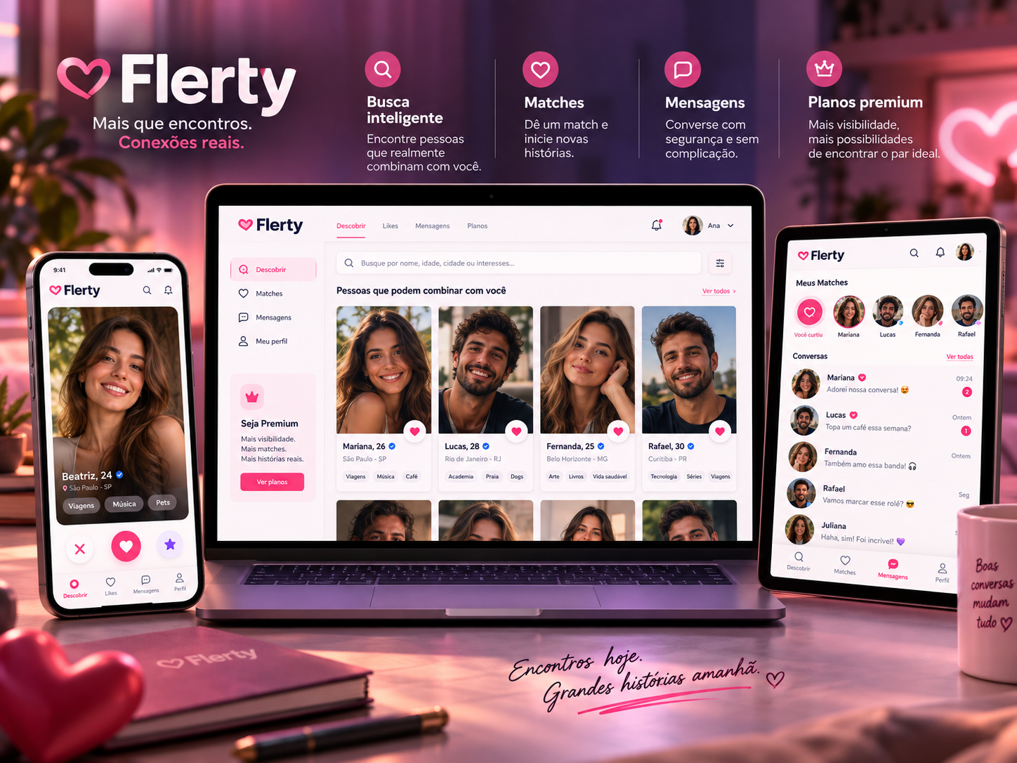 Mockup comercial do Flerty para criar site de encontros