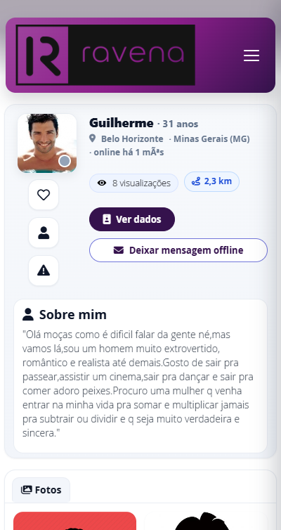 Tela da plataforma de encontros Ravena Pro