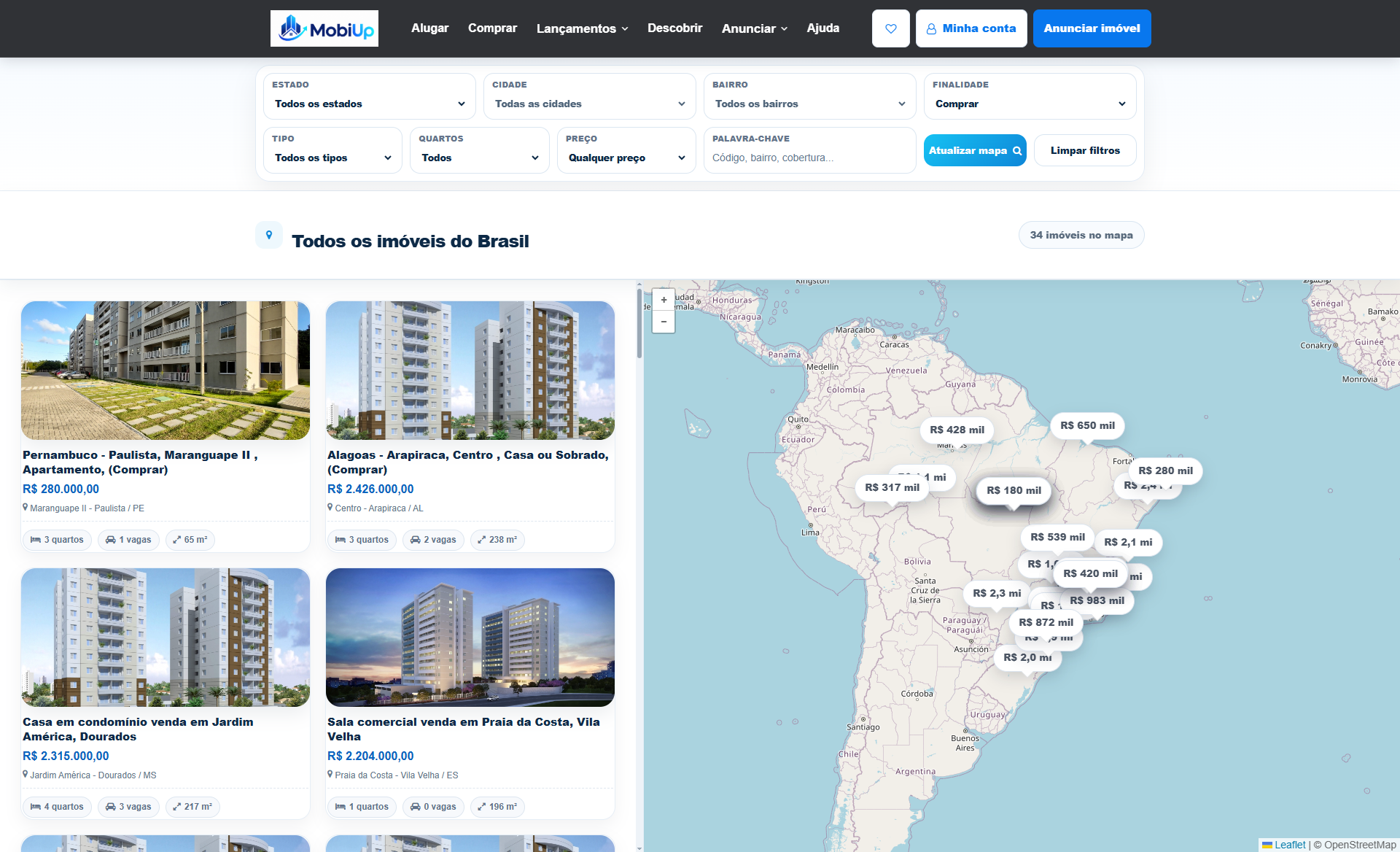 Busca de imóveis pelo mapa no sistema MobyUp