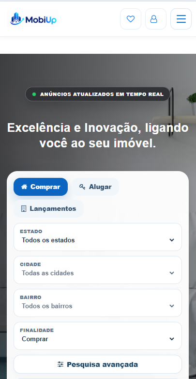 Página inicial mobile do portal imobiliário MobyUp