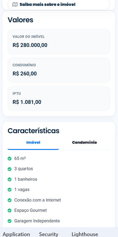 Características e valores de imóvel no MobyUp em celular