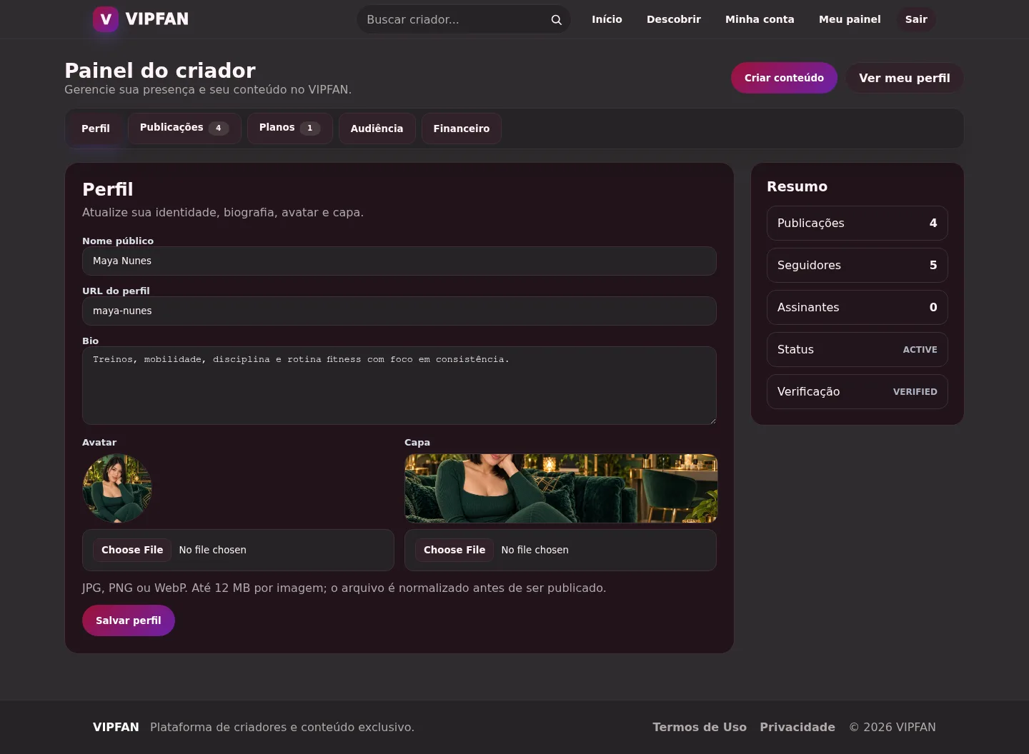 Painel do criador no VIPFAN para gerenciar perfil e conteúdo