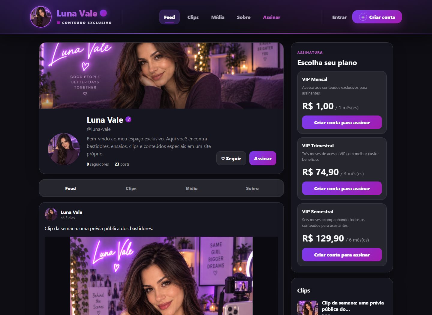 Home da demo real do VIPSOLO com perfil, feed e navegação do criador