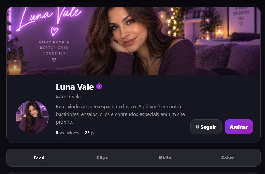 Perfil da demo real do VIPSOLO com bio, assinatura e abas de conteúdo