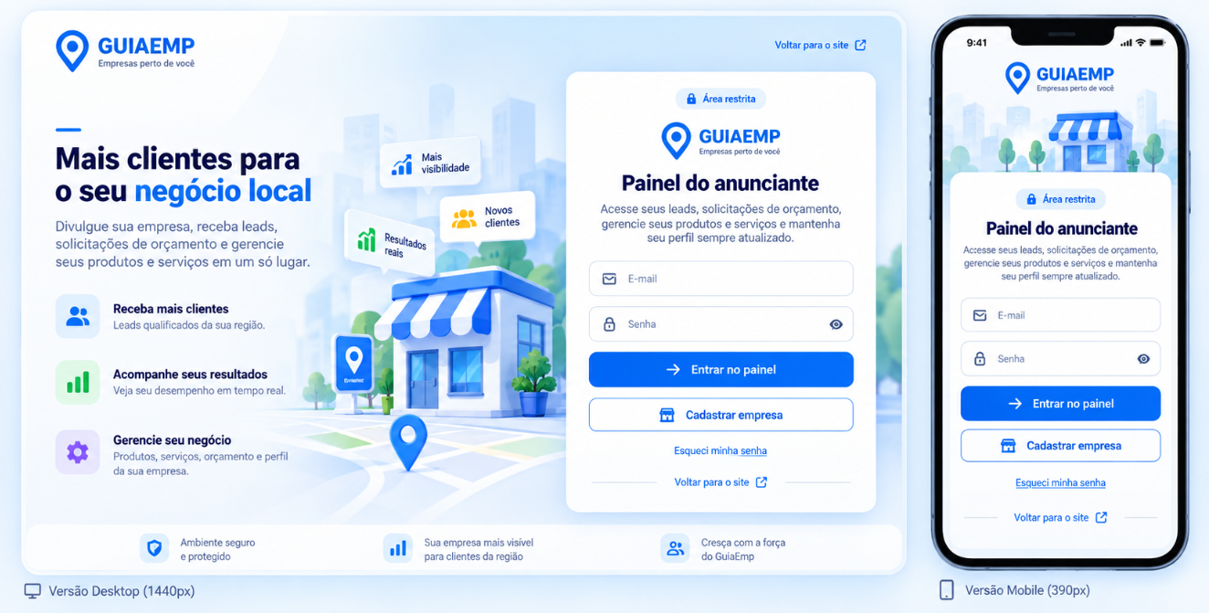Área do anunciante onde os profissionais e empresas anunciam