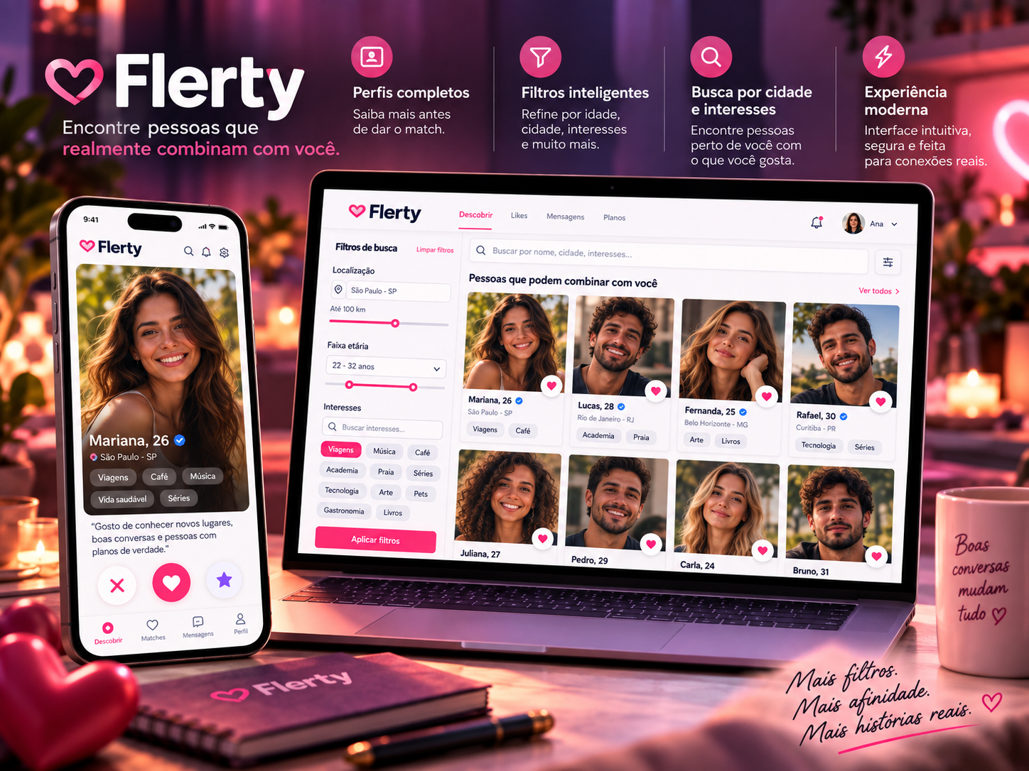 Plataforma Flerty para site de encontros com busca e filtros inteligentes