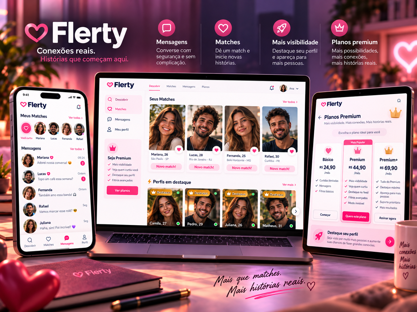 Sistema Flerty com matches mensagens perfis em destaque e planos premium