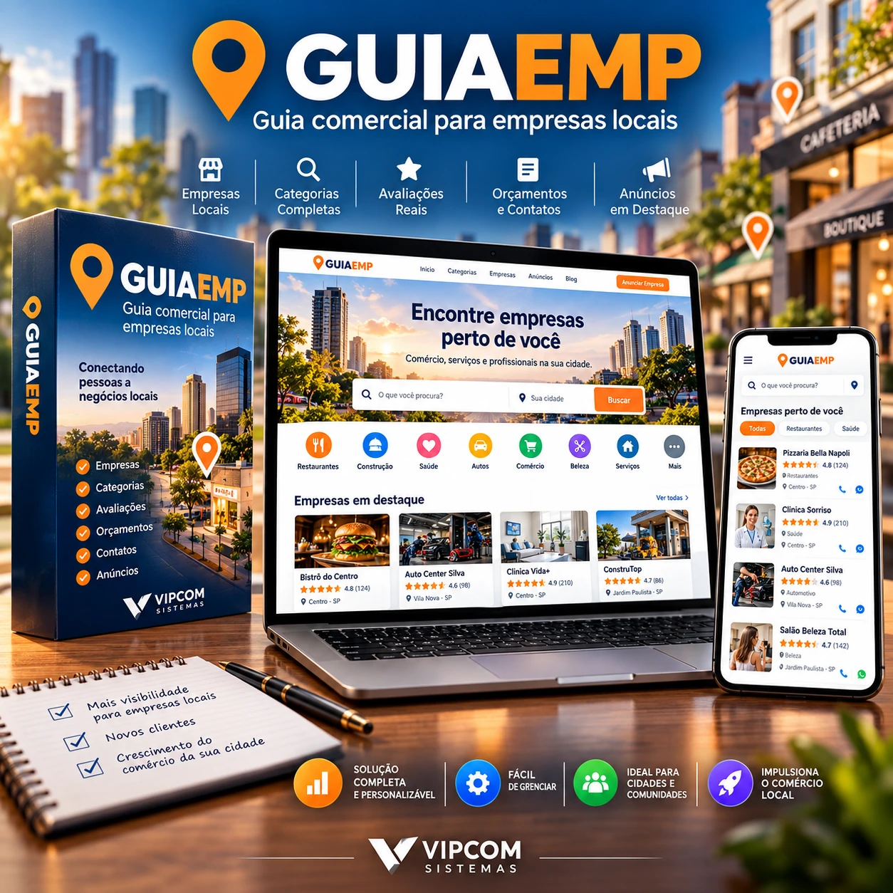 Mockup comercial do GuiaEMP com diretório de empresas locais em notebook e celular